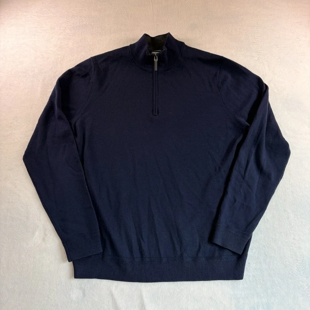 JWN Nordstrom Mens 1/4 zip Italian Merino Wool Pullover Sweater L Blue Preppy